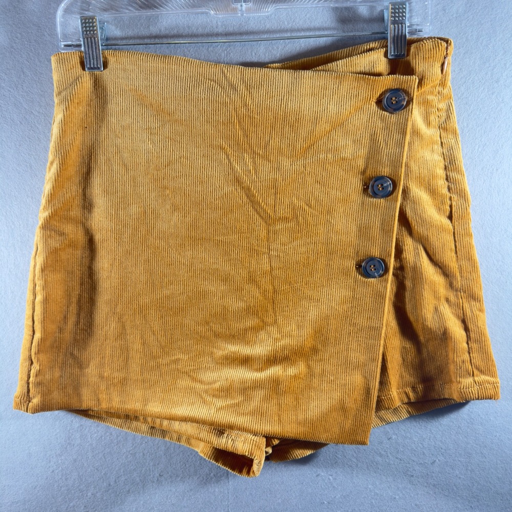 479 | Love Tree Mustard Yellow Boho Corduroy Wrap Front Button Skort Women Large